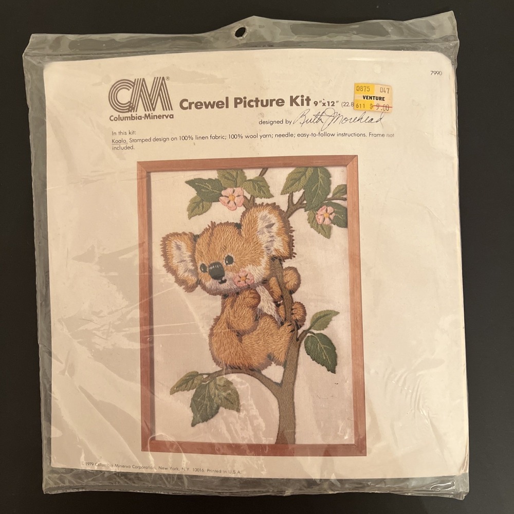 Vintage 1979 Columbia Minerva Crewel Embroidery Picture Kit "KOALA" 9x12 NEW